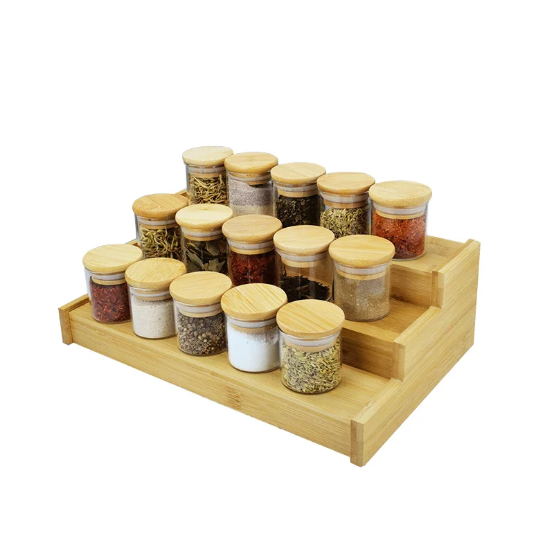 3 Steps Spice Jar Shelf Desktop Spices Display Stand Bamboo Spice Rack Kitchen Cabinet Organizer