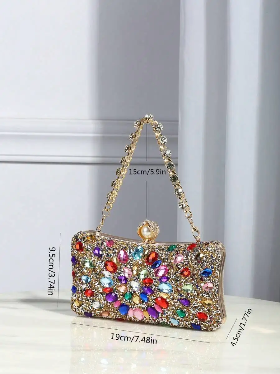 Bolso de mano multicolor con diamantes de imitación y correa de cadena para graduación, boda o cheongsam