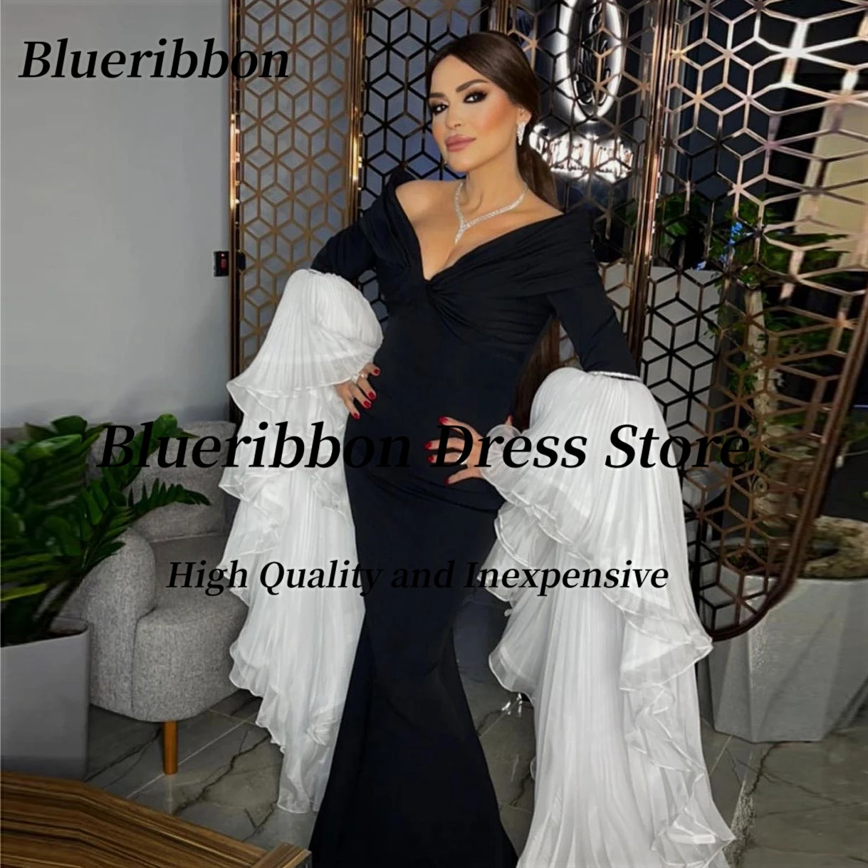 Blueribbon-Vestidos de Noche plisados de manga larga para mujer, ropa de graduación, color negro, Arabia Saudita