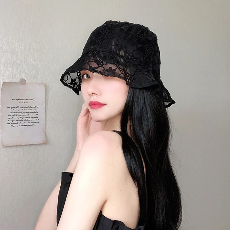 2023 New Lace Hat for Women Soft Flower Wide Brim Sun Hats Beach Hollow Summer Fisherman Hats Ladies Bucket Hat