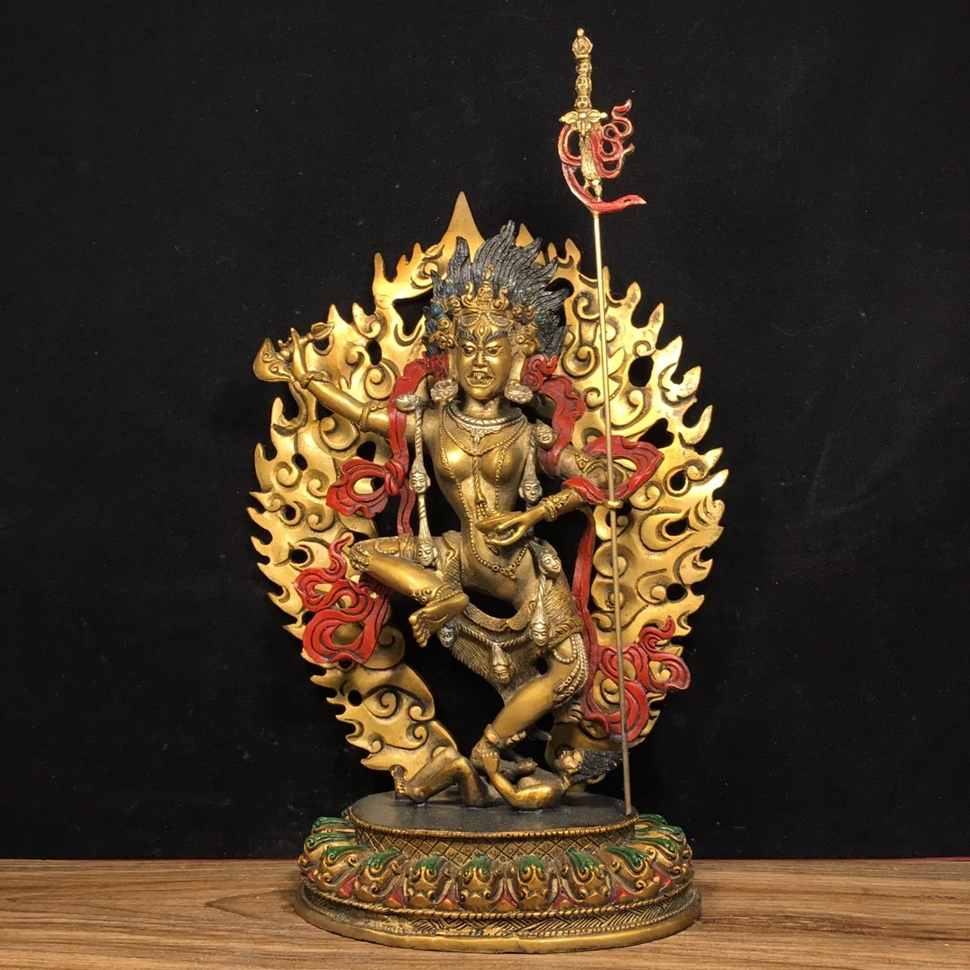 

14"Tibetan Temple Collection Old Bronze Painted Cinnabar DAKINI Standing Buddha Backlight Lotus Terrace Worship Hall Town House