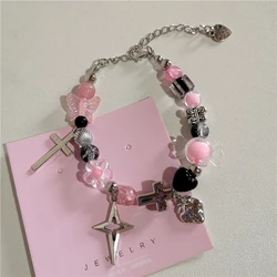 Gothic Vintage Kawaii Strawberry Cross Star Pink Black Beads Beaded Bracelet For Aesthetic Girl Y2k EMO 90s Jewelry Accessories