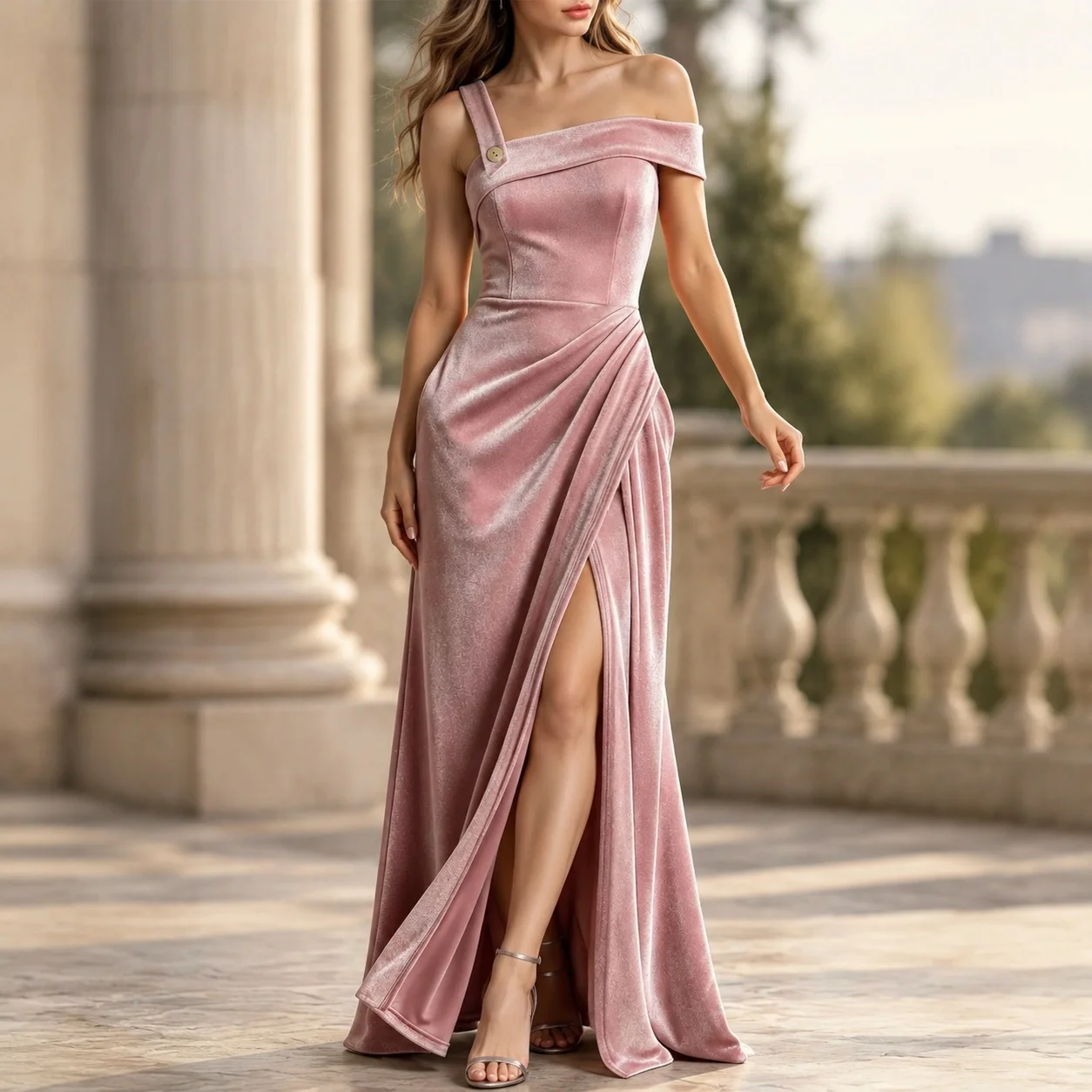 Pleated Off Shoulder Dresses High Waist Elegant with Party Pleated Dress Travel Maxi Length Socialite Style Autumn for Women