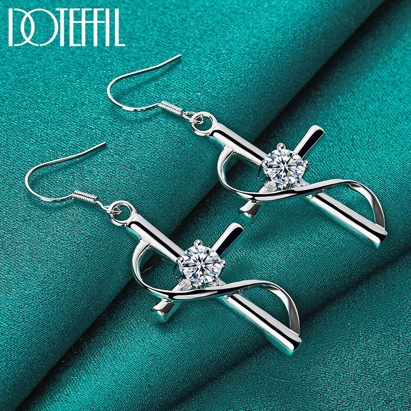 DOTEFFIL 925 Sterling Silver AAA Zircon Cross Drop Earrings Charm Women Jewelry Fashion Wedding Engagement Party Gift