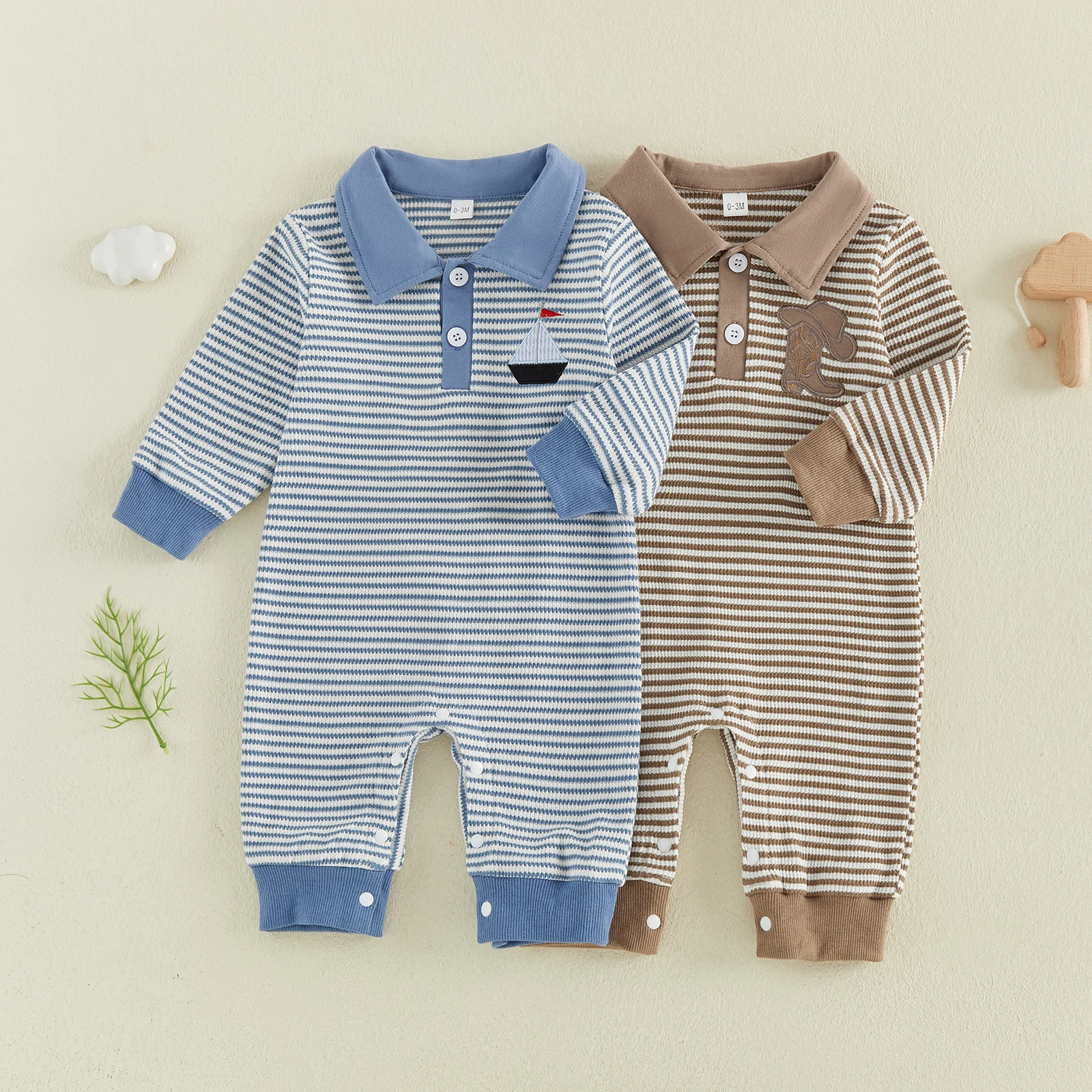 Baby Boy Autumn Striped Waffle Jumpsuit Long Sleeve Sailboat/Cowgirl Boots Embroidery Lapel Button Up Romper