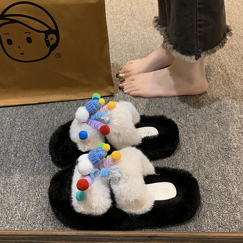

Cute Furry Women's Slippers Thick Bottom Flat Sandals Autumn Winter Plush Cotton Slippers Korean Style Waterproof Platform