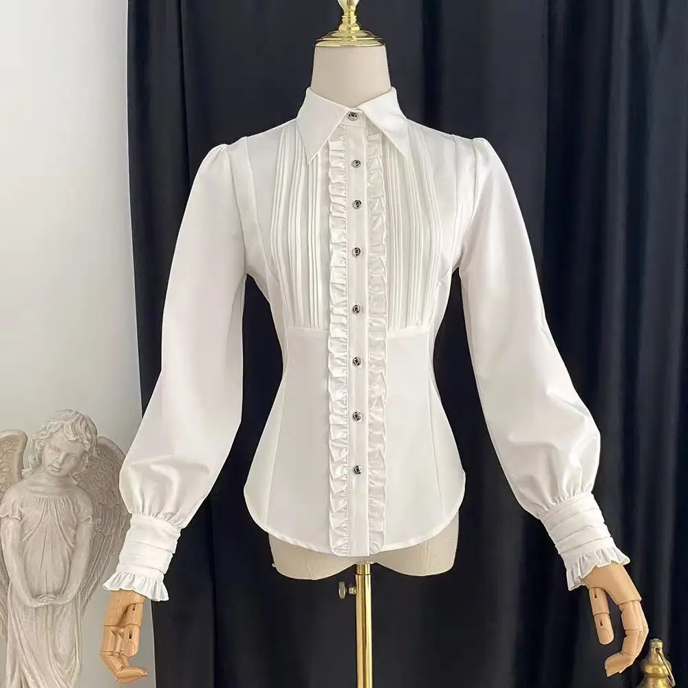 Kimotimo New Lolita Long Sleeve Shirt Women Ruffle Trim Slim Fit Button Up Blouse Sweet Gothic Lolita Top