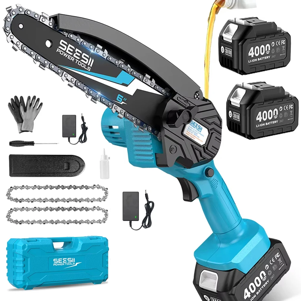 SEESII, motosierra eléctrica inalámbrica de 6 pulgadas, mini motosierra de 15,2 cm, motosierra eléctrica recargable para trabajos de carpintería y poda en el jardín, herramientas eléctricas para