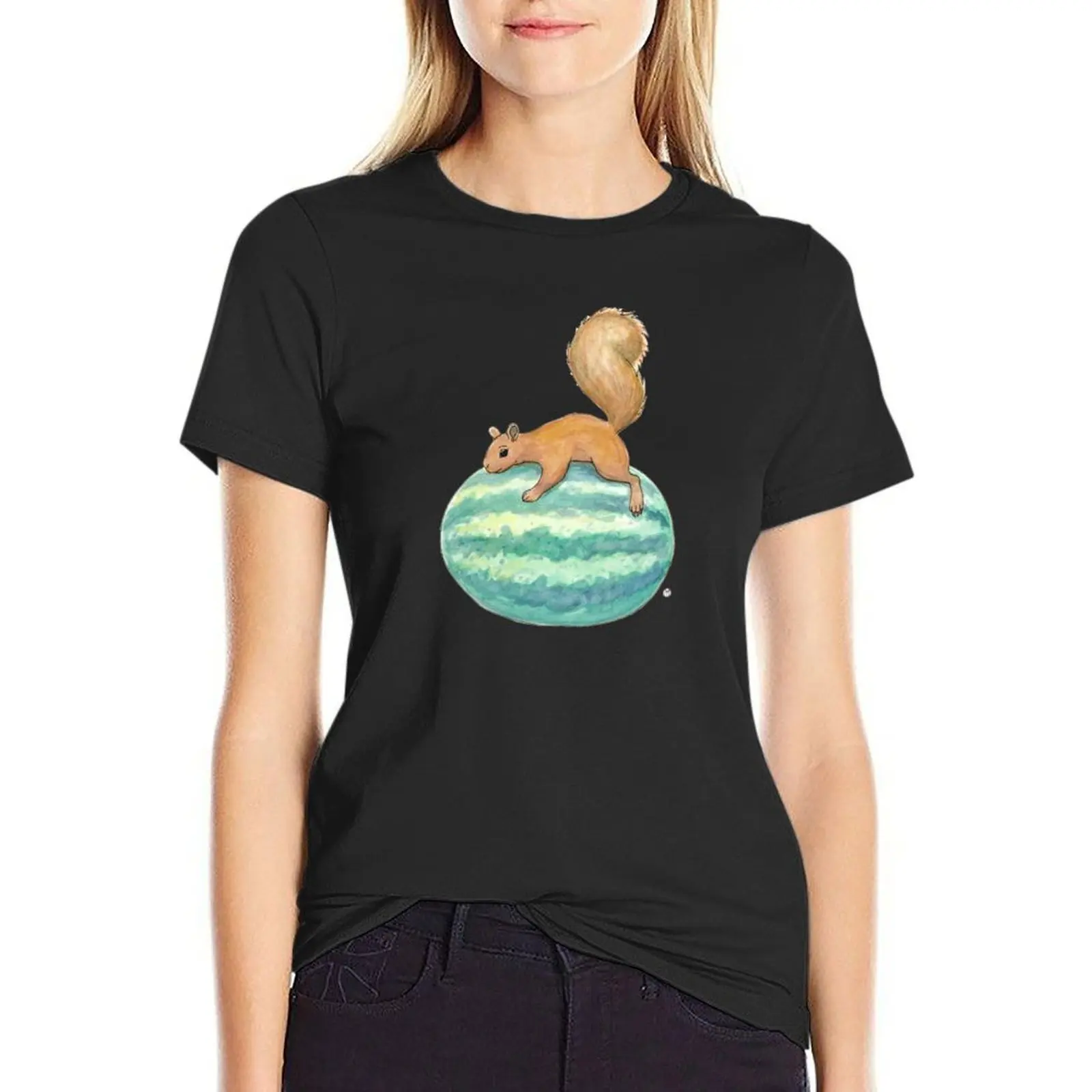 Squirrel & Watermelon T-Shirt Female clothing graphics plus size tops hippie clothes t-shirts for Women loose fit