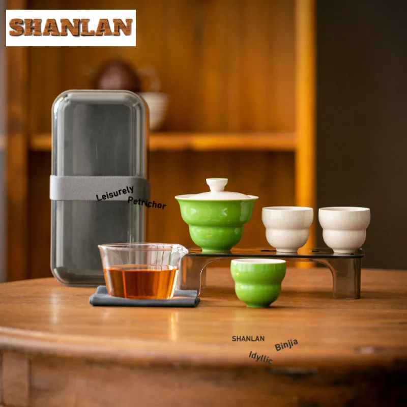 

Handwritten Calligraphy Plant Ash Travel Tea Set Kit Traditional 1 Pot 3 Cups Tea Maker Organizer Portable Outdoor Stock Bags