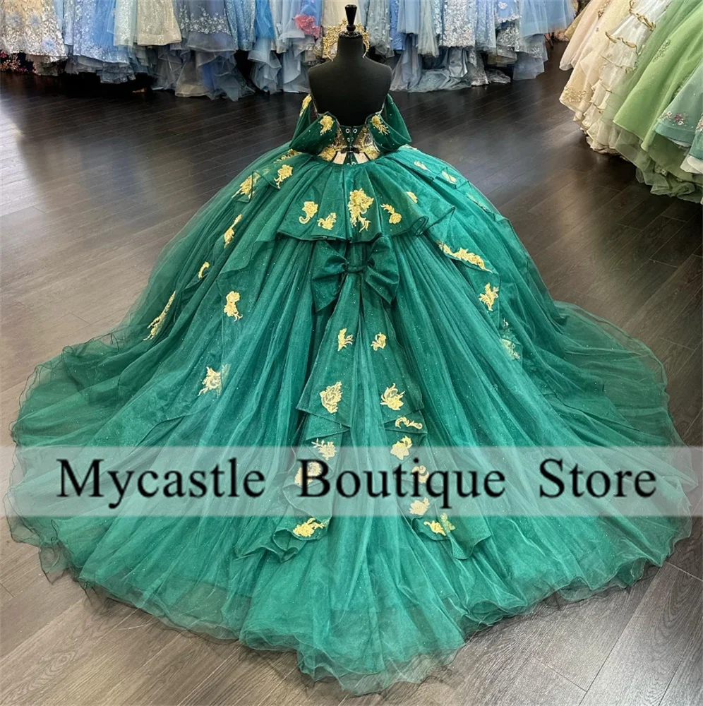 Smaragdgroene Liefje Baljurk Quinceanera Jurken 2023 Off Shoulder Gouden Appliques Strik Sweet 16 Dress Vestidos De Xv Anos