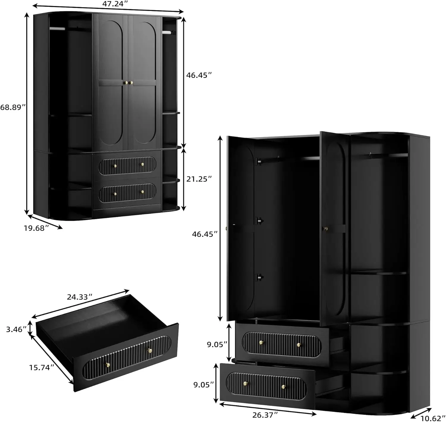 خزانة ملابس سوداء ذات سعة كبيرة مقاس 69 بوصة مع بابين و3 قضبان ودرجين و6 أرفف