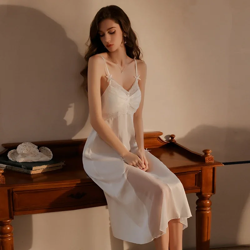 

REBEYULI Brand 2025 Sexy Women Nightgown Silk Satin Nightwear with Bra Pad Charming Provocative Sling Robe Ladies Set