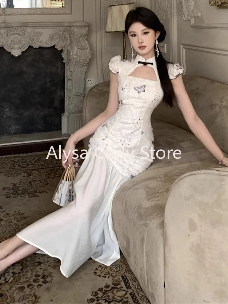 Elegante abito Vintage Cheongsam donna Bow Chic coreano aderente abiti lunghi femminile 2024 Summer Court Casual Evening Party Dress