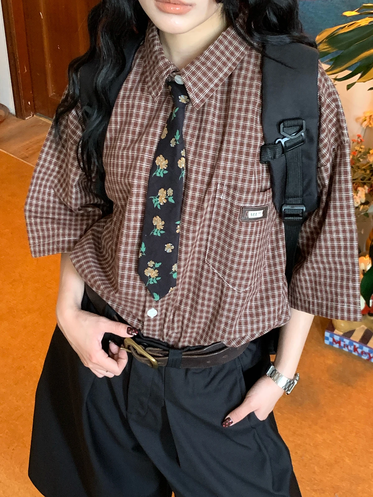 

Loose Plaid Shirt Men's Women's Short Sleeve Summer New Style College Style Retro Checkered Loose Fit Shirt with Tie Summer 2026