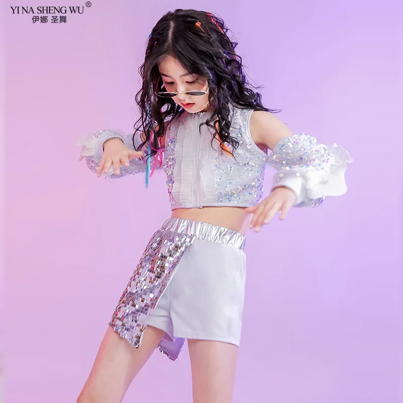 เด็กHip-Hop Jazz Danceเครื่องแต่งกายสําหรับสาวแฟชั่นบุคลิกภาพชุดเลื่อมสีขาวStreet Dance Top + กางเกงขาสั้น
