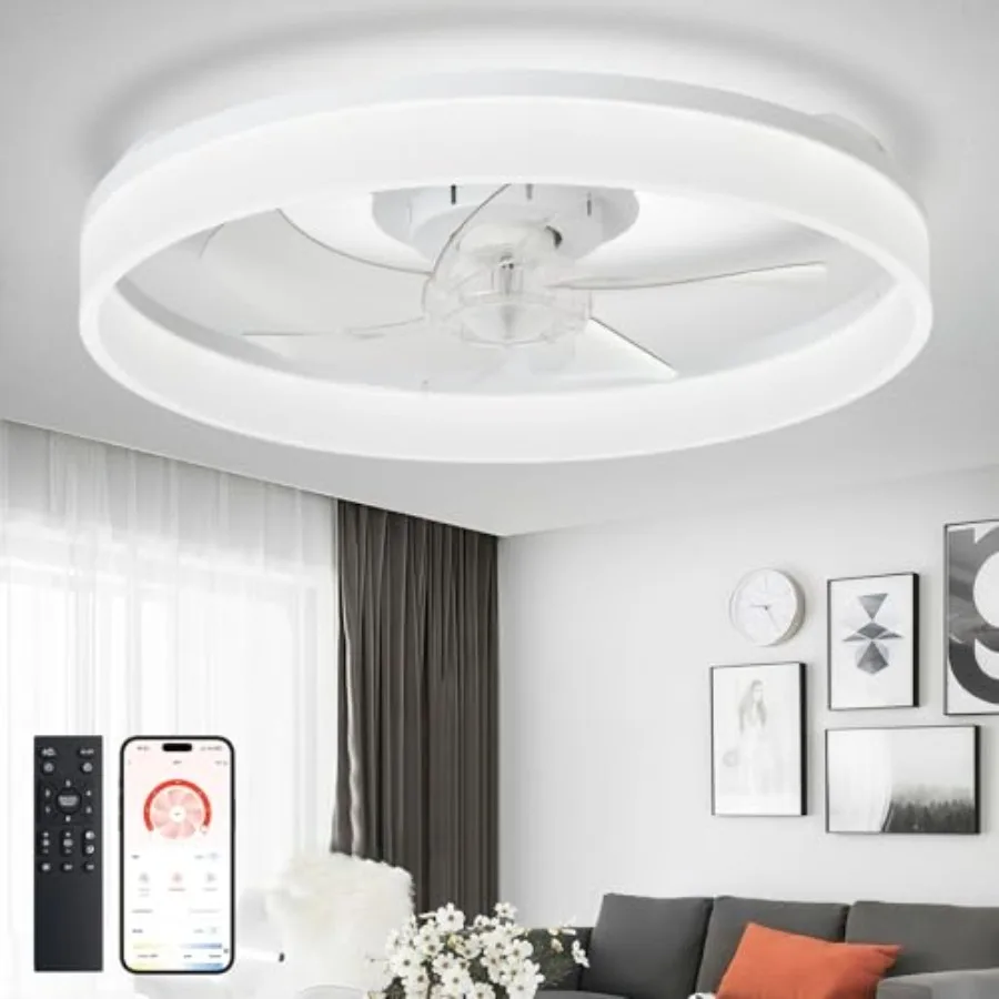 Bedroom and living room ceiling fan with lights: 20 flush mount low profile white bladeless fandelier, dimmable LED, quiet DC m
