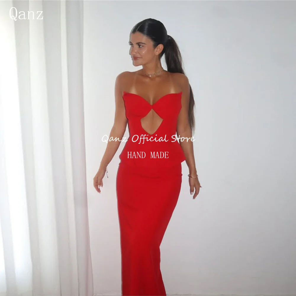 

Qanz Vitange Red Satin Prom Dresses 2 Pieces Mermaid Sweetheat Evening Dresses Lace Up Back Women Vestidos De Festa Customized