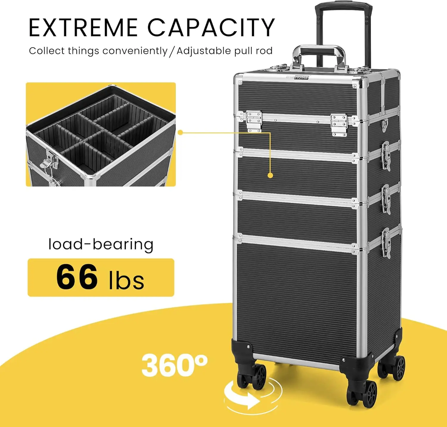 4 in 1 Makeup Rolling Train Case Aluminum Trolley Professional Cosmetic Organizer Box with Shoulder Straps 2 Keys Black