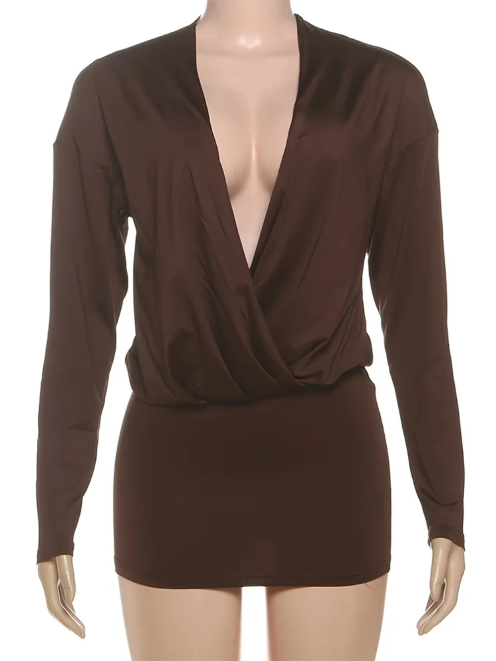 Mini abito elegante da donna con scollo a V profondo, manica lunga, skinny, fianchi color pesca, mezzanotte, club, festa, moda sexy, aderente