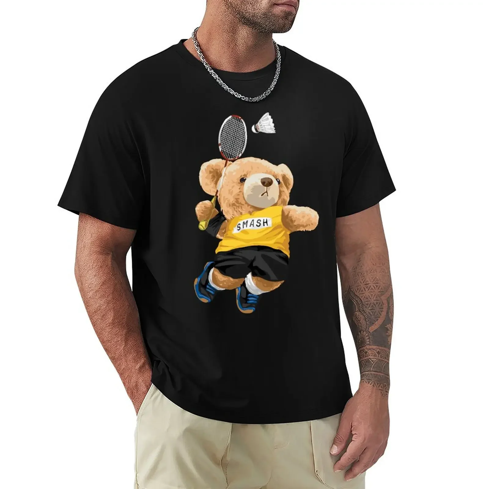 Teddy Bear Playing Badminton T Shirt Harajuku Short Sleeve T-shirt 100% Cotton Graphics Tshirt Tops