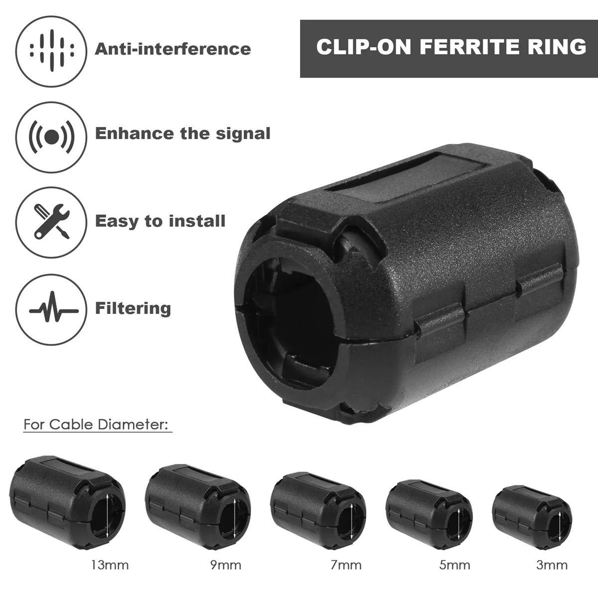 20 шт., зажим с ферритовым кольцевым сердечником, RFI, зажим для кабеля шумоподавления для кабеля диаметром 3 мм/5 мм/7 мм/9 мм/13 мм, черный