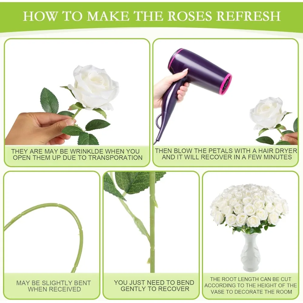 Artificial Roses in Bulk, Fake Silk Roses Realistic White Roses for Wedding Centerpieces Flower Arrangement Home Decor (50, Whit