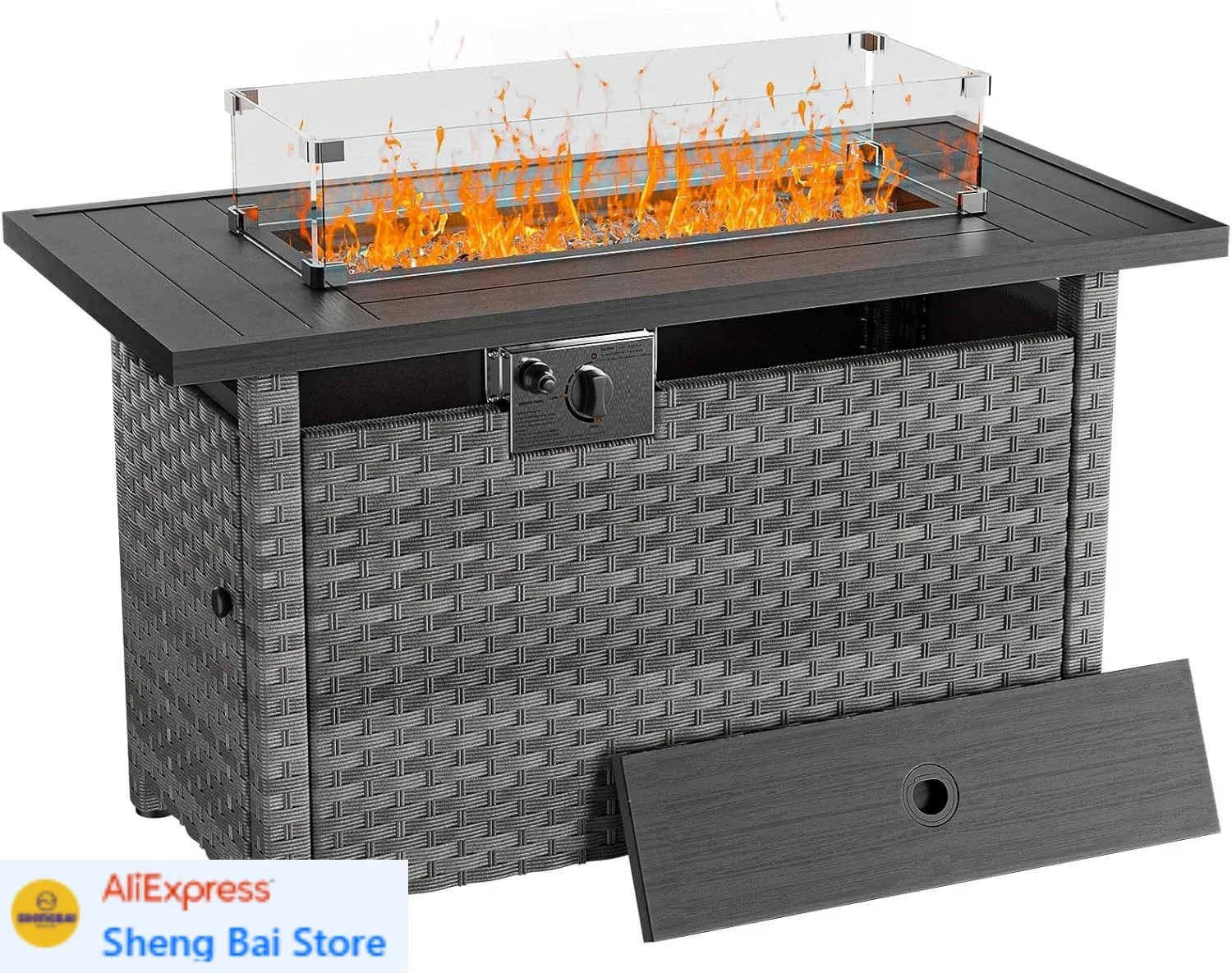 

Bestseller44" Fire Pit Table with Wind Guard for Outdoor, Auto-Ignition Propane Gas Firepits Rattan Rectangular Table for 60,000