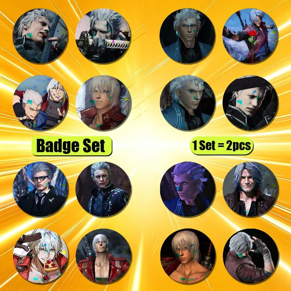 For Devil May Cry 3 5 Vergil Dante Badge Pin Insignia 2 Pcs Set Round Button Emblem Laser Film Gift 44mm Custom