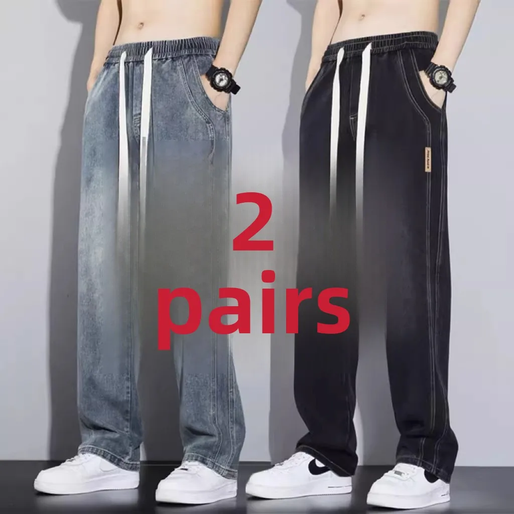 

Retro American Wear-Resistant Casual Men's Jeans Loose Long Pants for Spring And Autumn Work Dirt-Resistant Dstring Waist