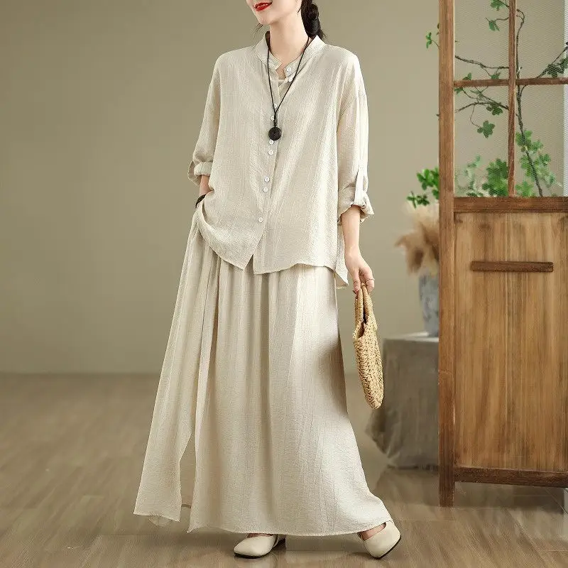 

2025 Новый высококачественный женский комплект из хлопковой льняной рубашки и юбки большого размера на весну и лето, художественный минималистичный свободный крой, повседневный элегантный G498