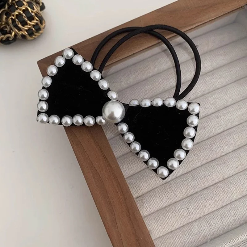 Vintage Pearl Black Velvet Bow Elastic Hair Bands Hair Accessories for Women Girls Fashion Ponytail Holder Hair Ties Scrunchie