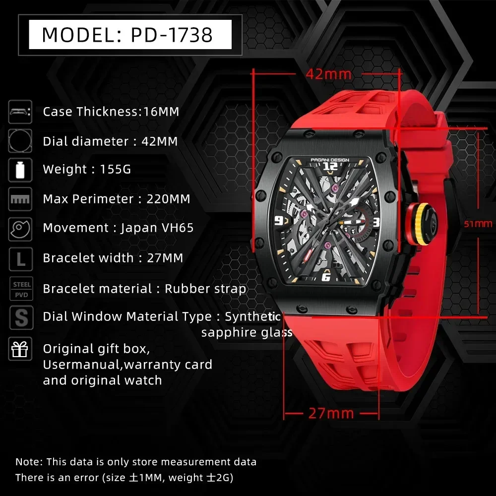 PAGANI DESIGN Original Men\'s Quartz Watches VH65 Movt Skeleton Dial 100M Waterproof Sport Rectangle Sapphire Glass Watch for Men