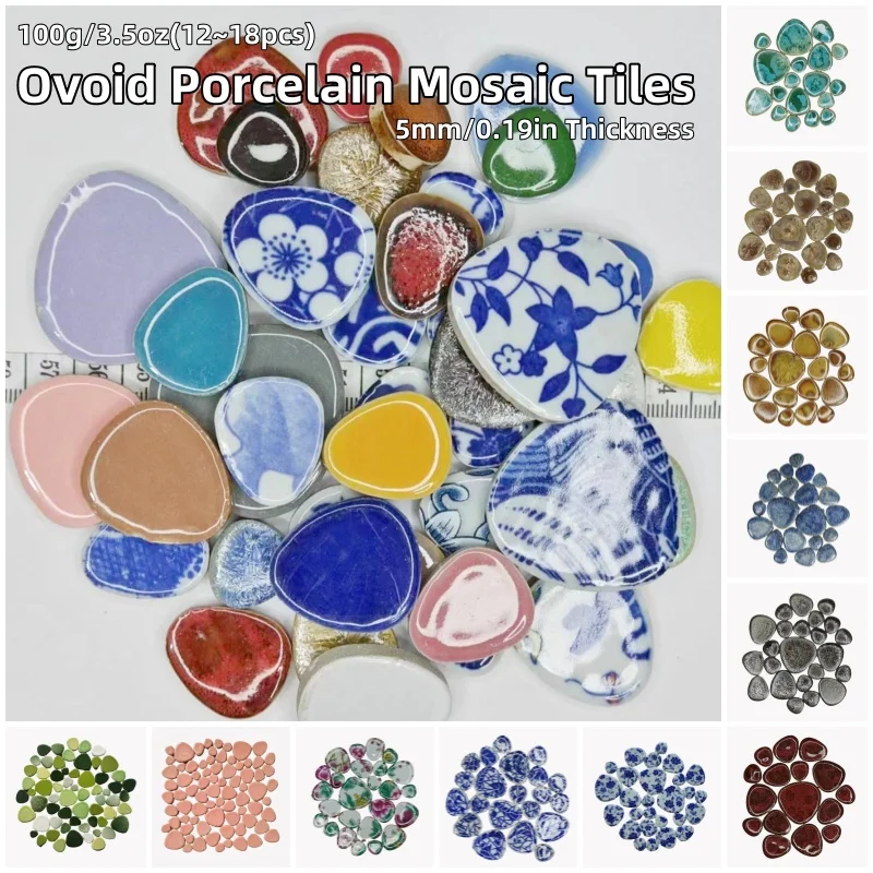 100g/3.5oz(12 ~ 18 sztuk) jajowaty kształt porcelany płytki z mozaiką 5mm/0,19 cala grubości płytka ceramiczna DIY mozaika materiału rzemieślniczego