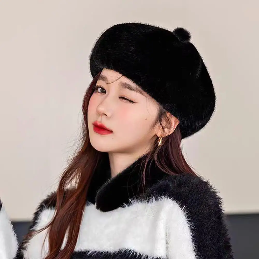 Boinas de piel sintética de visón para mujer, gorro de felpa de visón cálido para invierno, boina elegante para mujer, gorro de pintor de artista, gorros gruesos y cálidos de calabaza