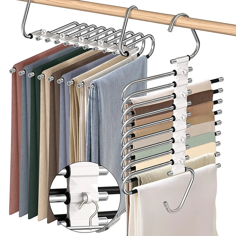 

Upgrade 9 Layers Pants Hangers Space Saving Non Slip Stainless Steel Pants Rack Closet Hanger Organizer Hooks for Jeans Trousers