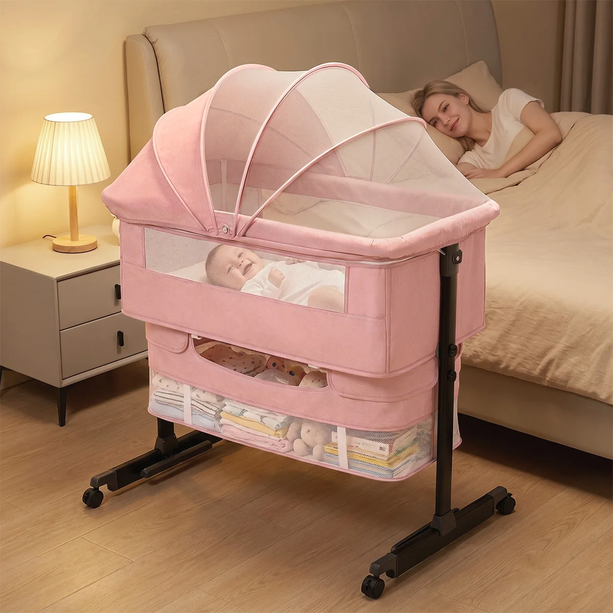 Kmaier Baby Bassinet Bedside Sleeper with Canopy Mosquito Net 360° Breathable Mesh Newborn Crib with Lockable Wheels Big Storage