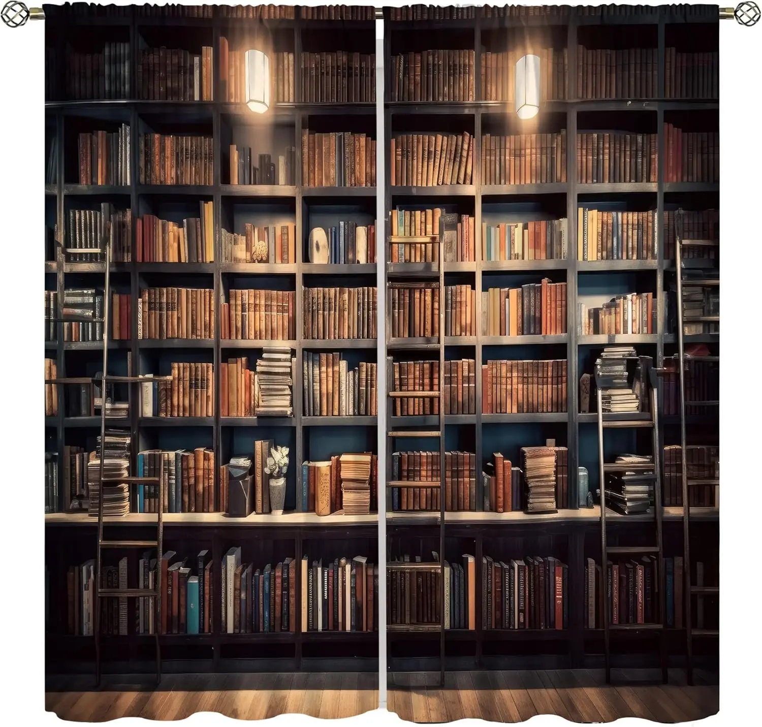 Bookshelf Curtains, Vintage Library with Books Window Treatments for Kids Bedroom, Wooden Wooden Antique Bookcase Drapes
