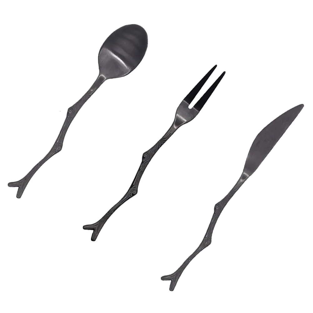 

3Pcs Stainless Steel Cutlery Set Tree Branch Shape Rust Resistant Elegant Tabletop Picnic Travel Home Restaurant Black