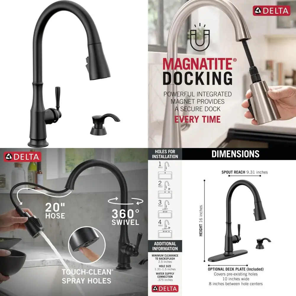 

Modern Matte Black Single Hole Kitchen Faucet with Pull-Down Spray and Soap Dispenser