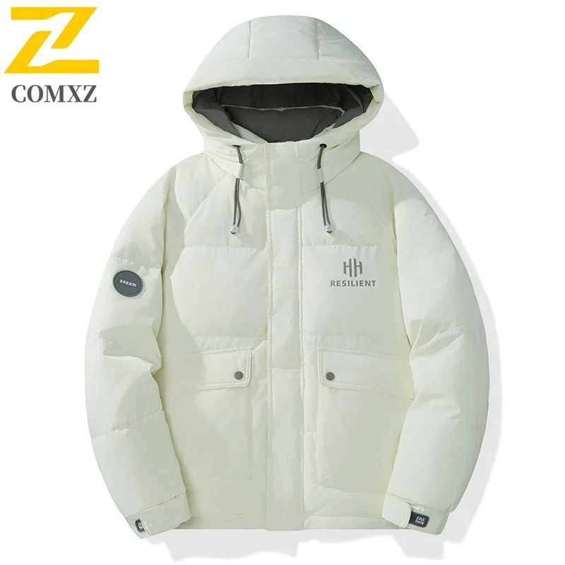 COMXZ Men Down Jacket High Quality Hooded Outdoor Adventure Multi Function Warm Parka Solid Color Travel Lightweight Winter Coat