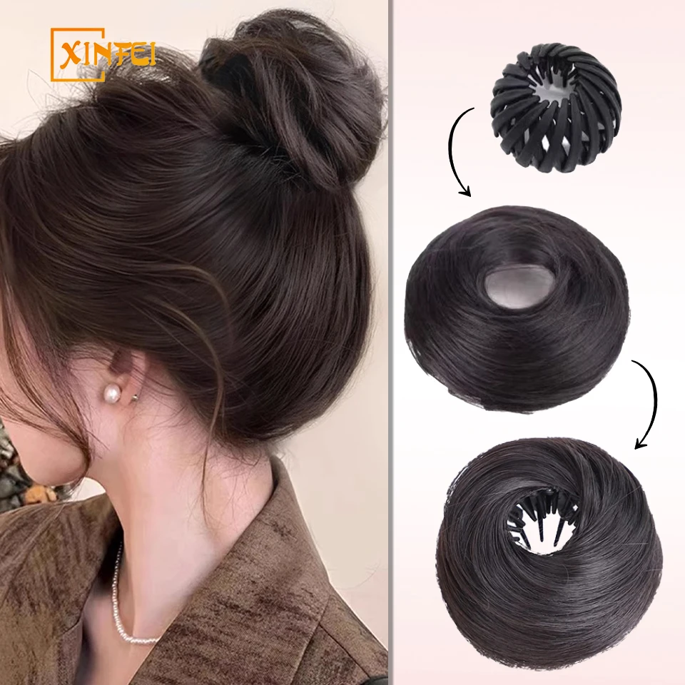 XINFEI Synthetic Bun Female Synthetic Fiber Straight Hair Circle Elastic Rope, Natural Hair Color Dark Light Hair Accessories