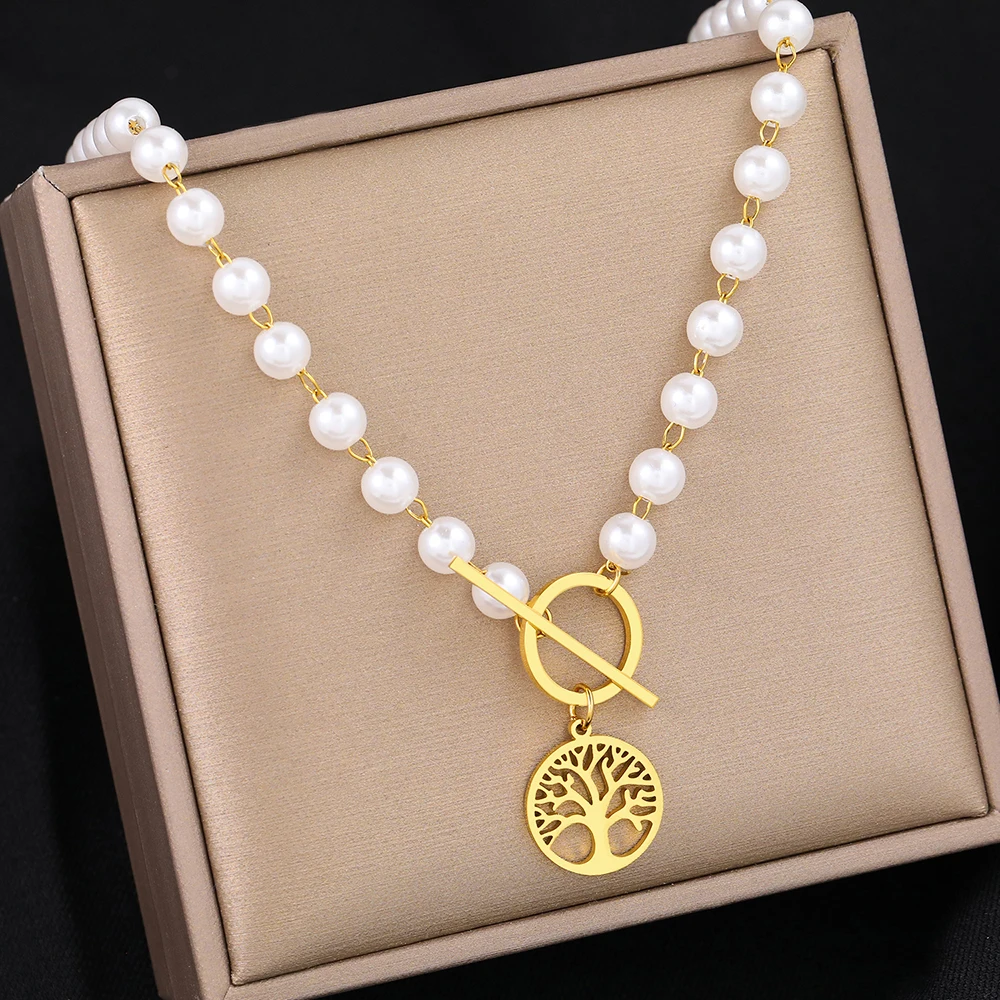 Stainless Steel Necklaces Vintage Fortune Tree Pendant White Imitation Pearl Chains Fashion Ladies Necklace For Women Jewelry