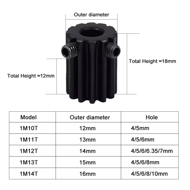 Rustproof Blackened Spur Gear1M 10T 11T 12T 13T Bore 4 /5/6 /6.35 /7/ 8mm 45# Steel  Transmission Accessories Motor Parts