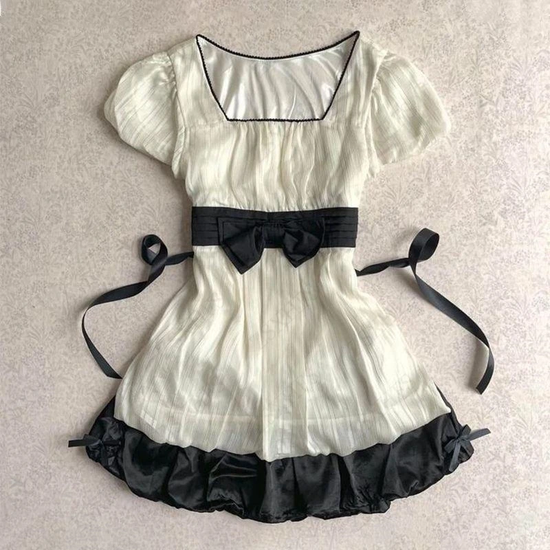 Sweet Sexy Kawaii Short sleeves T Shirt Trendy Clothes Harajuku 2000s Lace Puff Sleeve Bow Bandage Gentle Crop Top Femme T Shirt
