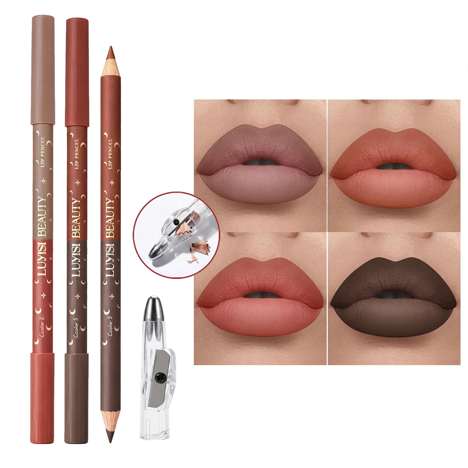 3pcs Velvet Double Ended Lip Liners+1pc Sharpener, Waterproof And Matte Finish, Precisely Outlines Lips And Provides Rich Color.