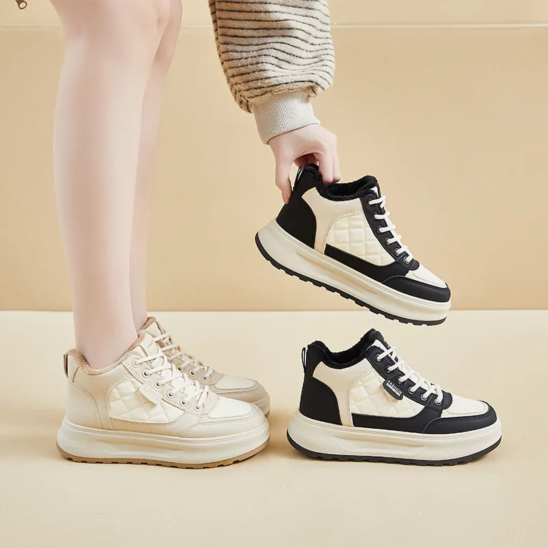 

Winter Fleece High-Top White Sneakers Women And Youth Thick-Soled Flat Shoes Casual Warm Running Sports Flat Shoes