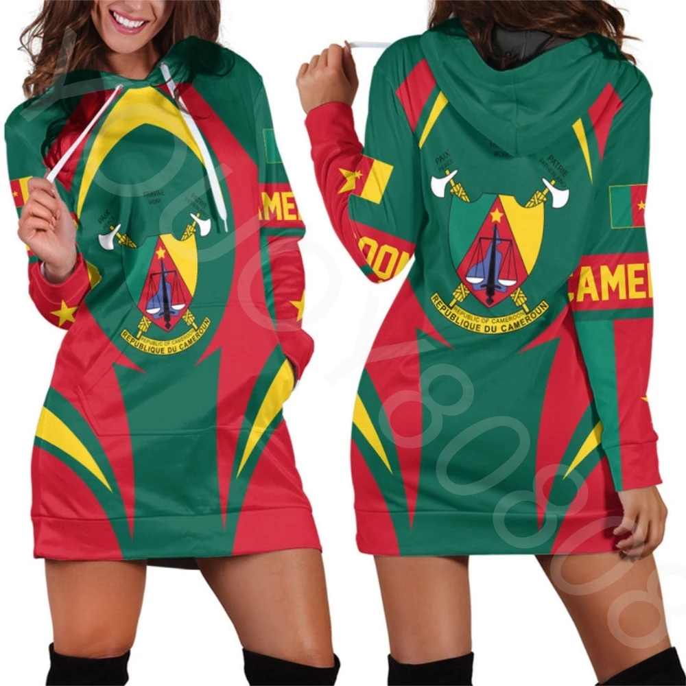 2022 Cameroon Flag 3D Printing New Hooded Skirt Ladies Casual Long Sleeve Sweater Crew Neck Pullover Top