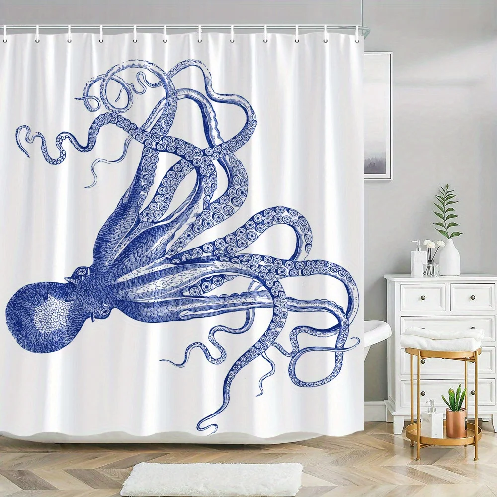 

1 шт. реалистичная занавеска для душа с синим осьминогом — винтажный полиэстеровый декор для ванной комнаты с 12 крючками, 70,8x70,8 дюйма, подробная десять