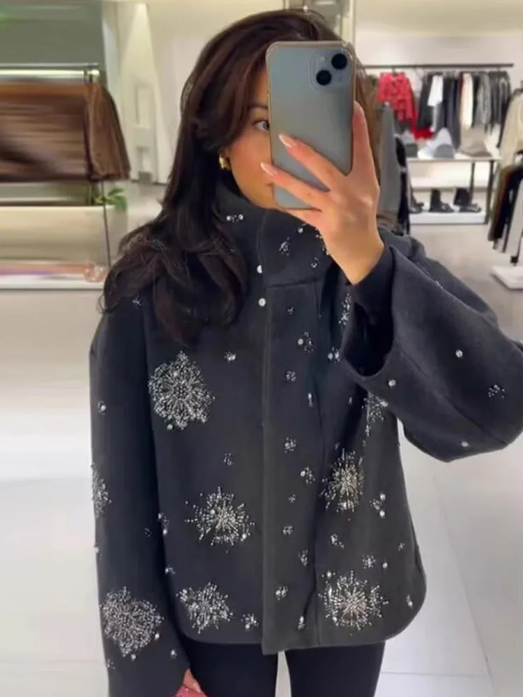 

HH Women's Winter New Fashion Stand Collar Printed Sequined Woolen Jacket Female Temperament Casual Zipper Long Sleeve Overcoat